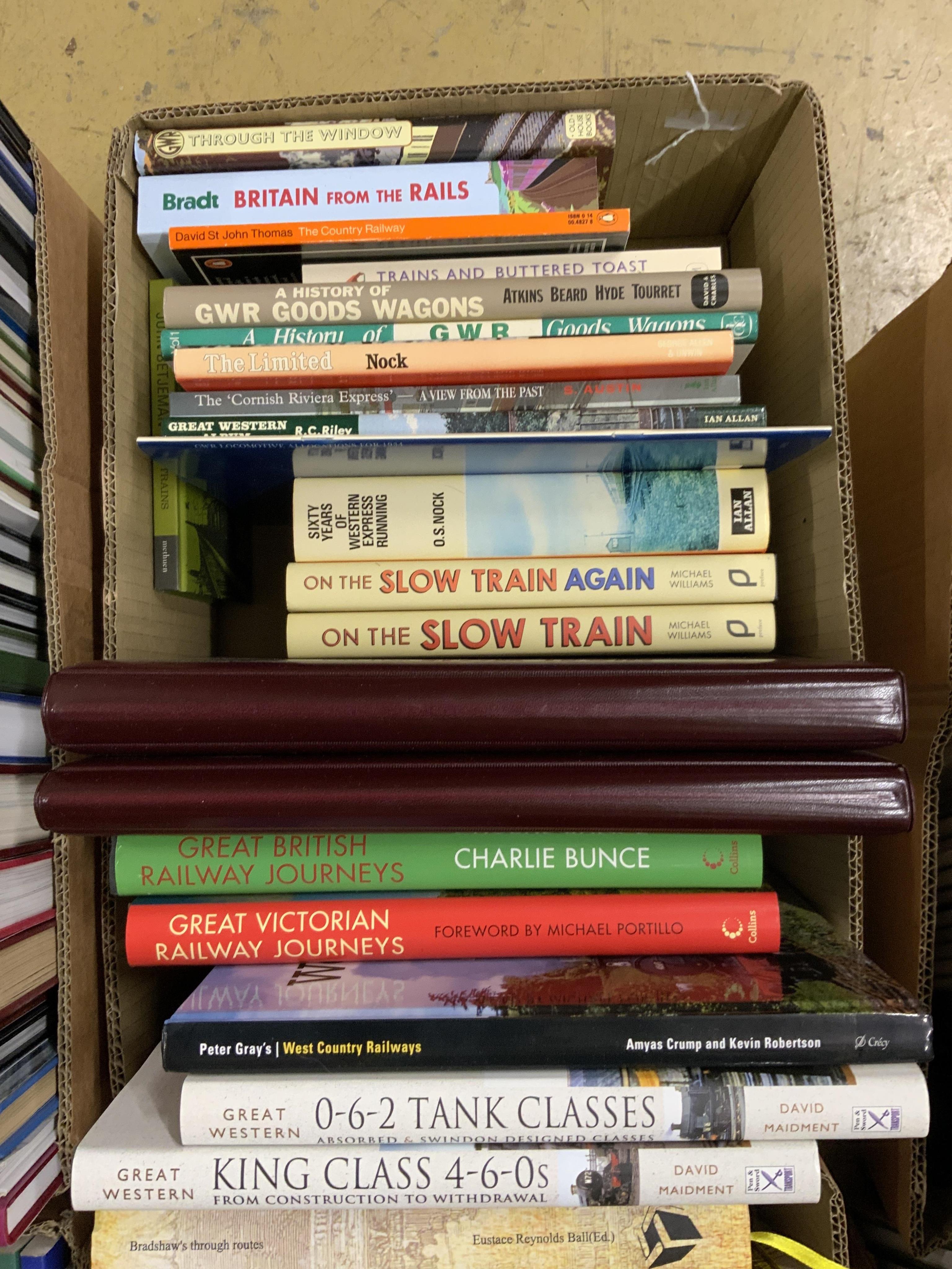 Eight boxes of railway related books, subjects include; locomotives of Australia, British railway journeys, preserved and miniature railways, Southern Railway, branch line railways, Great Western Railway locomotives, etc